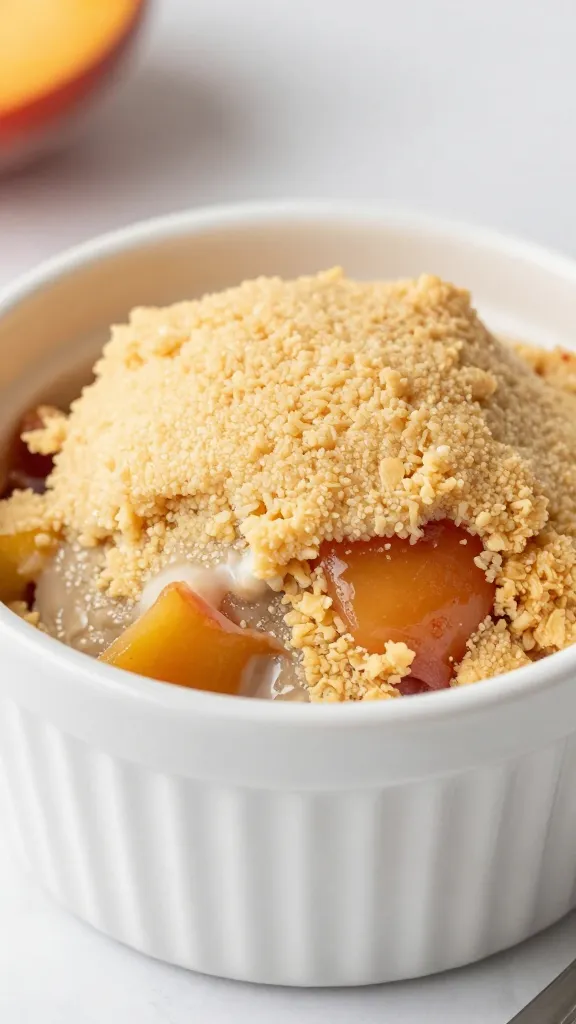 closeup of peach cobbler scoop in 4-ounce ramekin