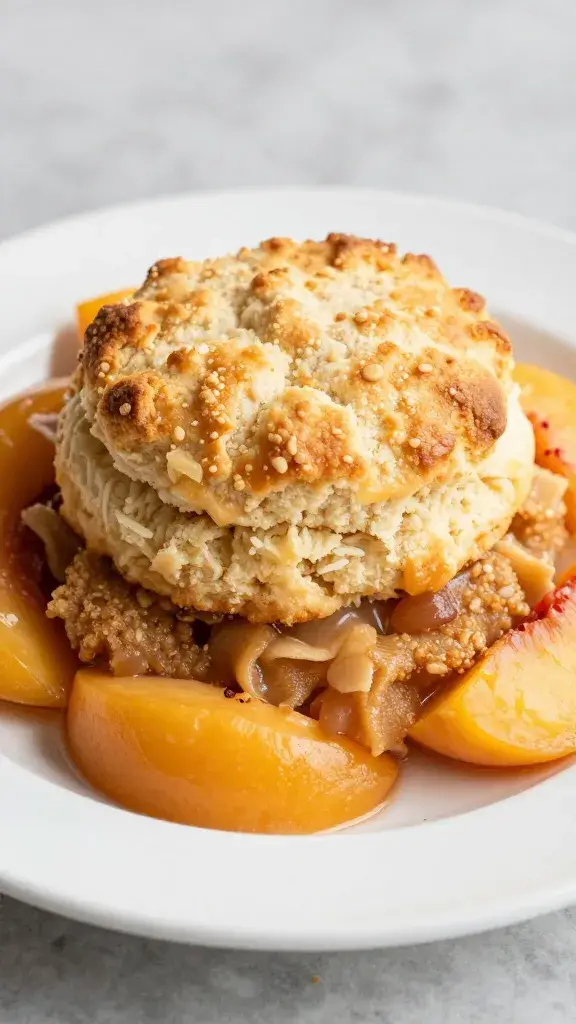 hotel pan of peach cobbler with golden biscuit topping