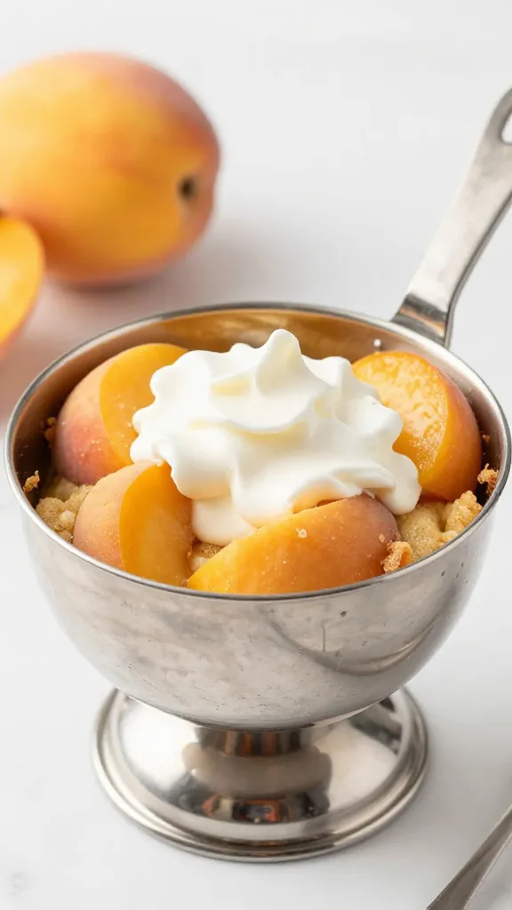 stainless ladle serving 5-ounce peach cobbler portion