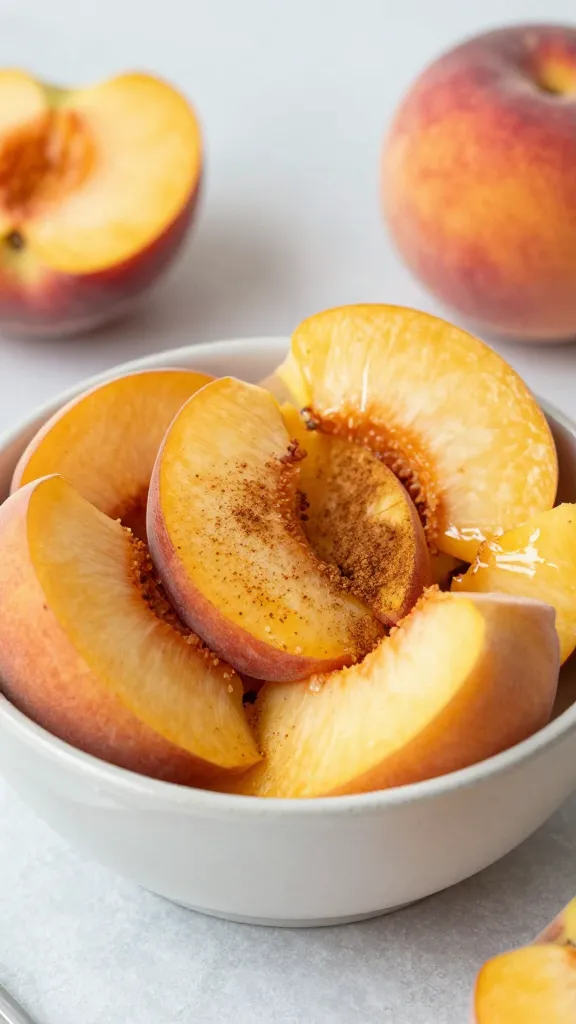 mise en place bowl of sliced peaches with cinnamon