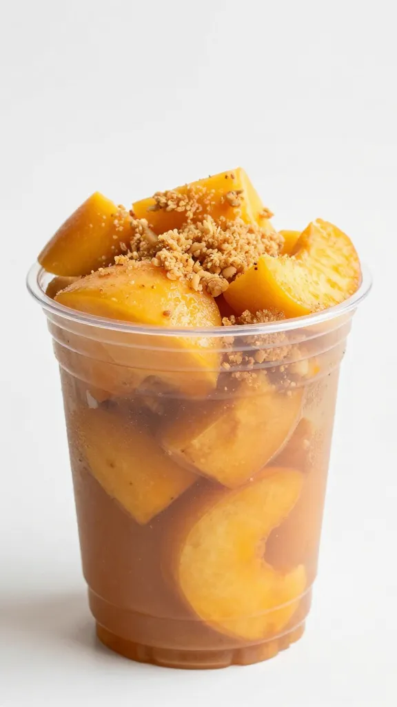 single disposable serving cup filled with peach cobbler