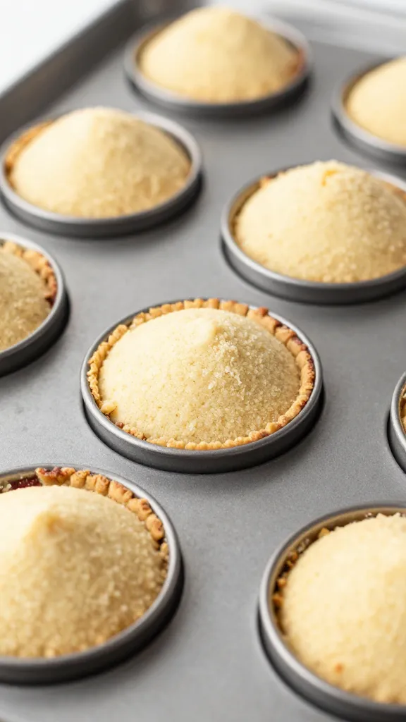 sheet pan lined with portioned cobbler bowls, closeup