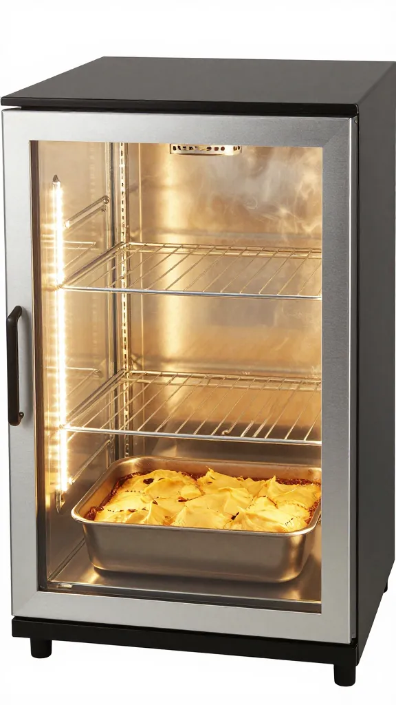 commercial warming cabinet holding one hotel pan of cobbler