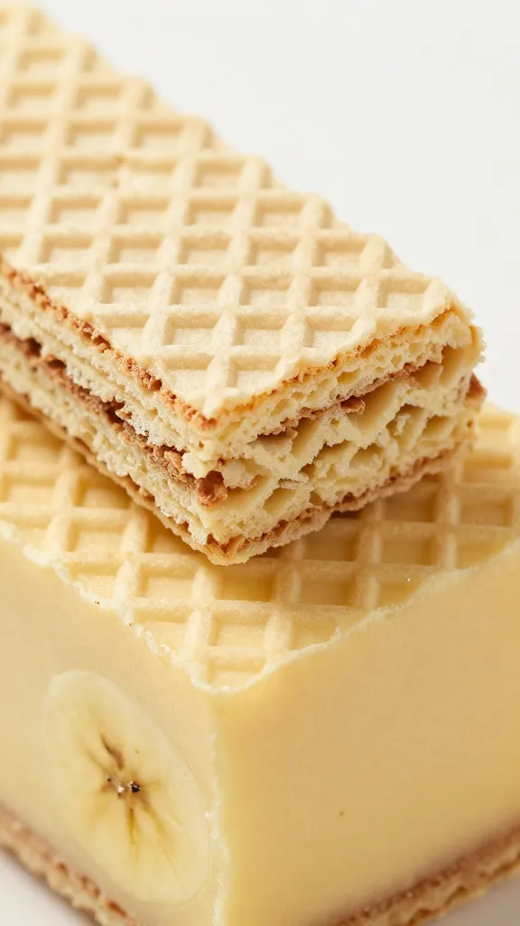 vanilla wafer pressed into banana pudding, extreme closeup