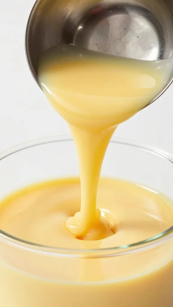 ladle pouring pudding base into clear pan, closeup