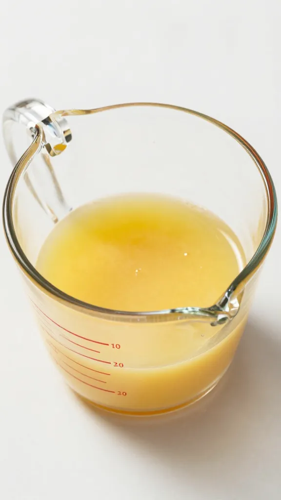 Glass measuring cup with 1 cup vinaigrette, overhead