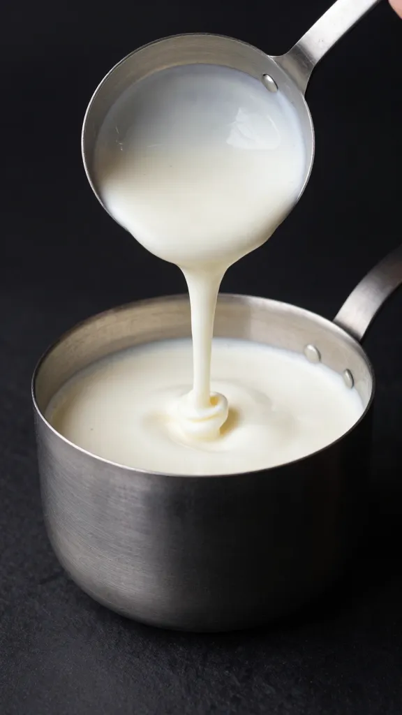 Single stainless ladle dripping creamy ranch, black background