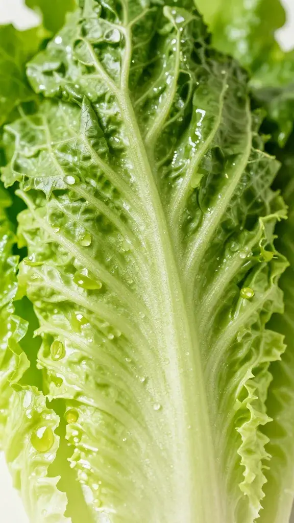 Closeup romaine leaf glistening with light vinaigrette