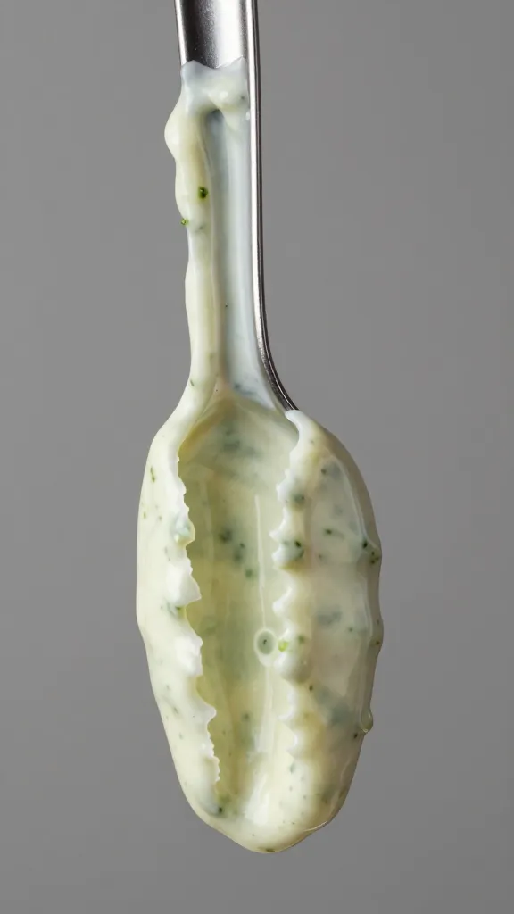 Single salad tong coated in Caesar dressing, macro shot