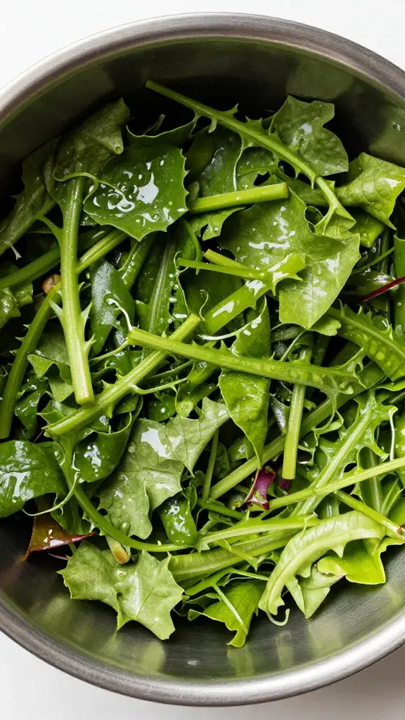 Stainless steel catering bowl of mixed greens, overhead closeup