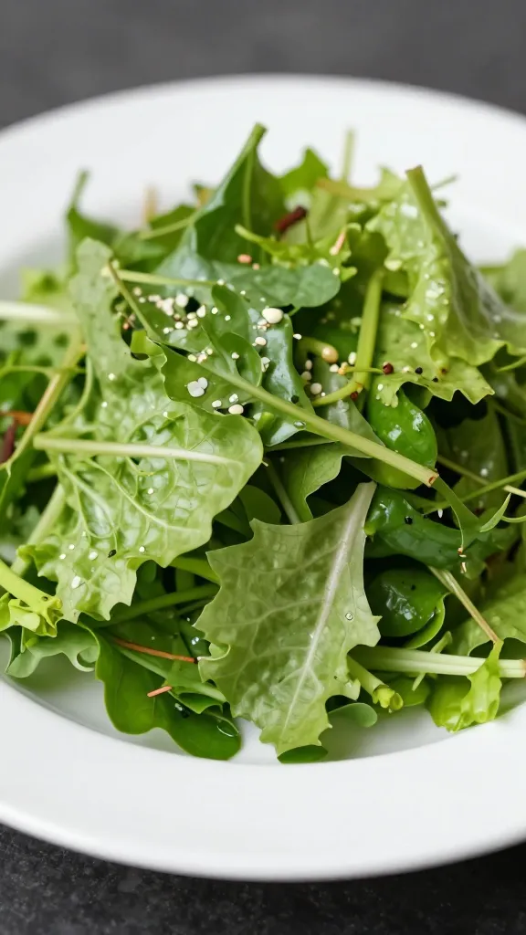 Single white serving platter of dressed green salad, closeup