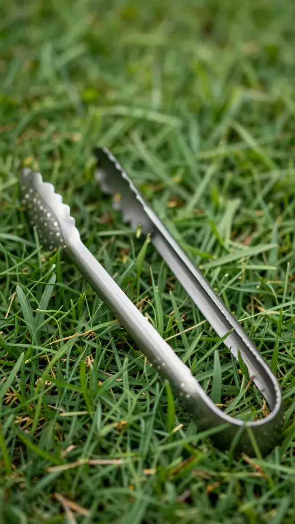 Pair of stainless salad tongs resting on greens, closeup