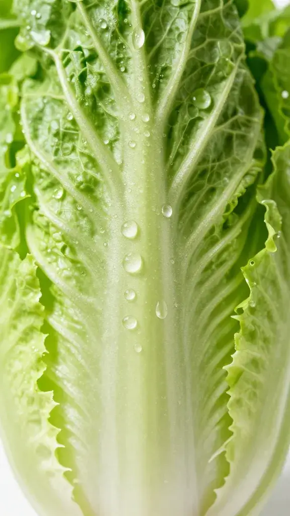 Commercial-size romaine head with water droplets, macro
