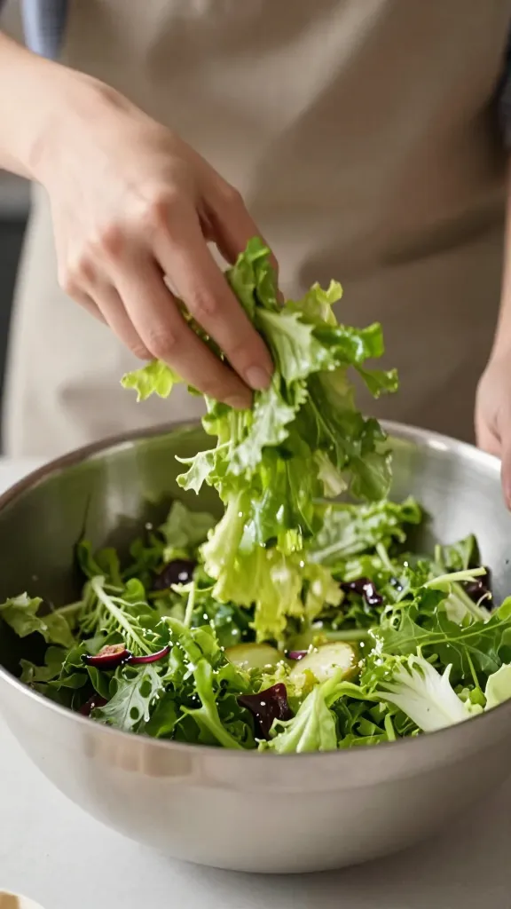 Hand tossing salad in large mixing bowl, tight crop