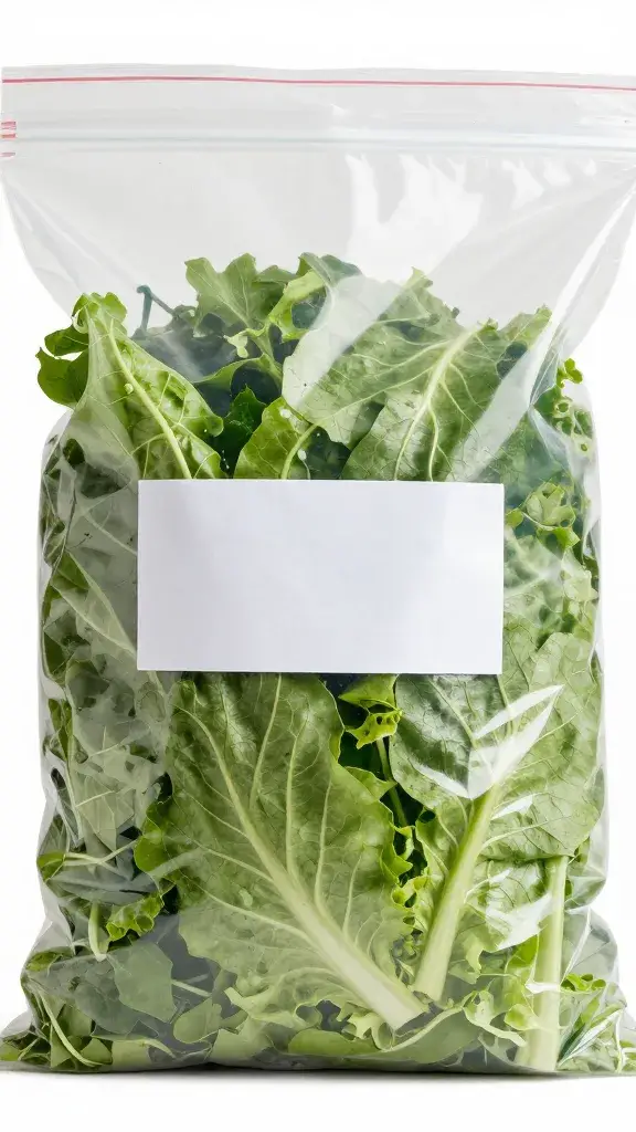 Labeled gallon zip bag of prepped greens, closeup