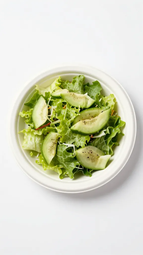 Single disposable 9-inch plate with salad portion, overhead