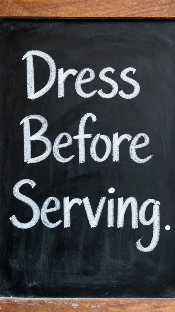 Chalkboard sign reading “Dress Before Serving,” rustic closeup