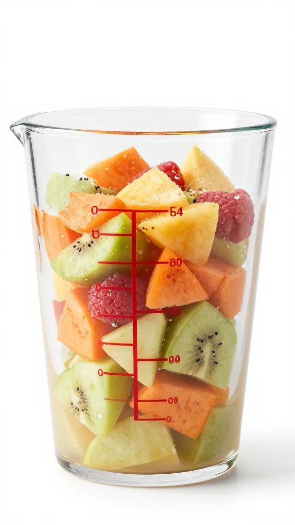 clear measuring cup filled to 1-cup mark with fruit salad