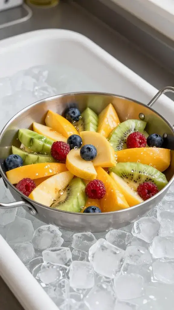 stainless hotel pan of fruit salad on ice bath