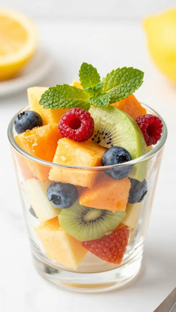 single serving cup of fruit salad with mint garnish