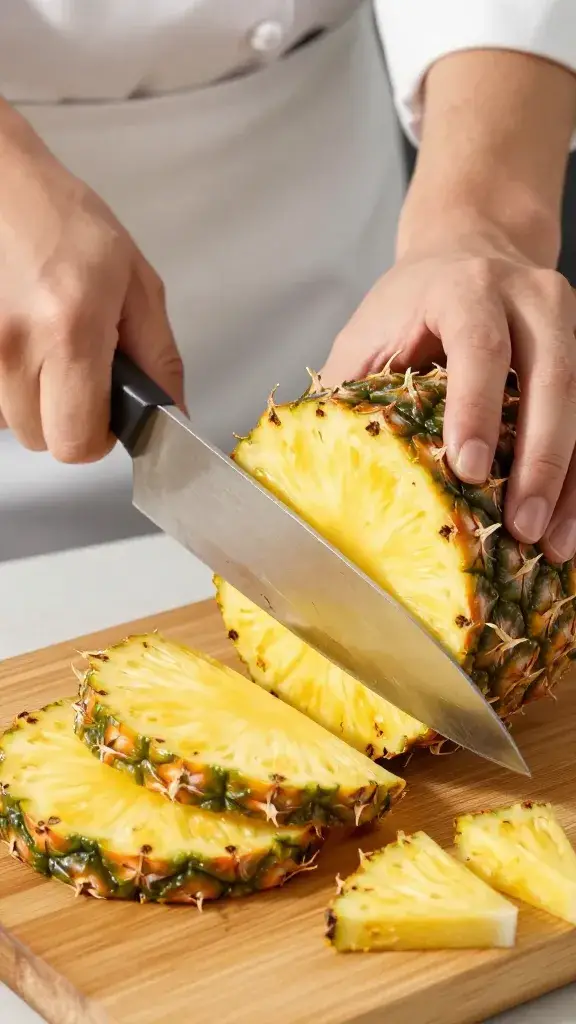 chef’s knife slicing ripe pineapple on bamboo board