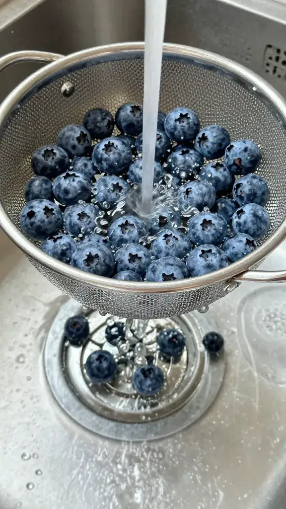 colander of rinsed blueberries draining over sink