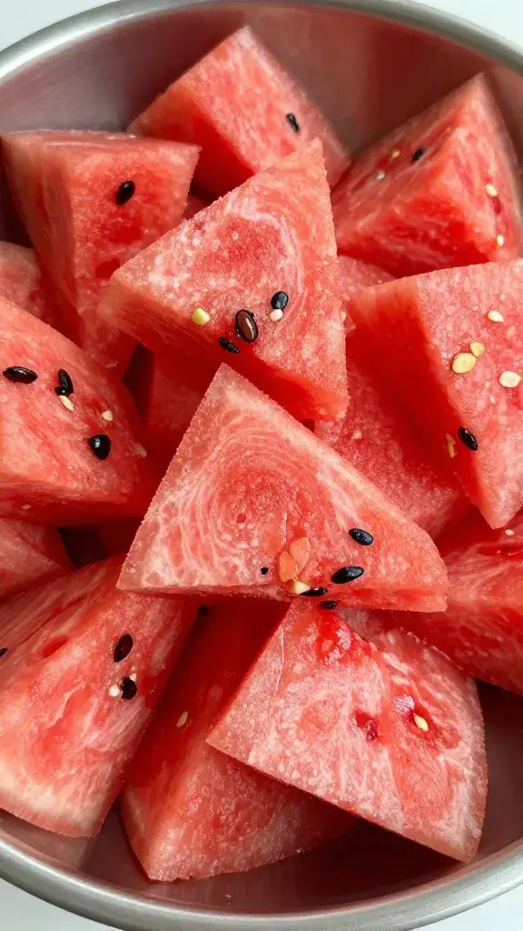 stainless bowl of cubed watermelon, closeup texture