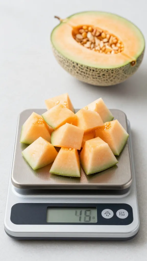 digital kitchen scale weighing diced cantaloupe
