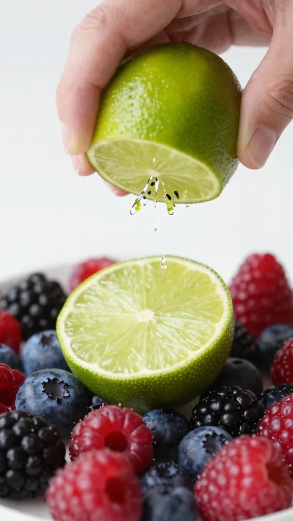 lime being zested over mixed berries, macro shot