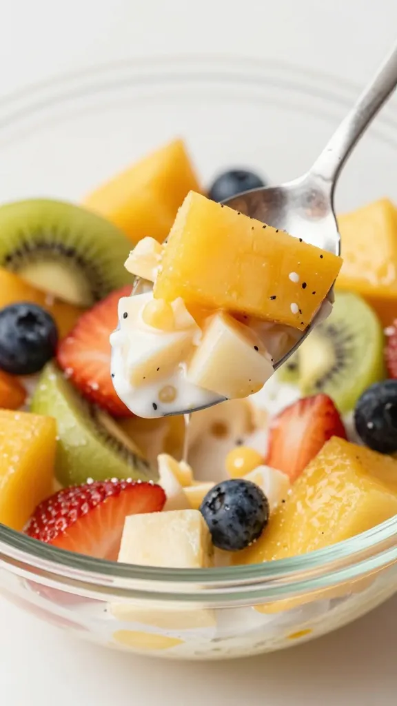 serving spoon scooping fruit salad from chilled bowl