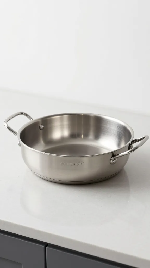 single stainless steel hotel pan labeled “serves 50” on counter