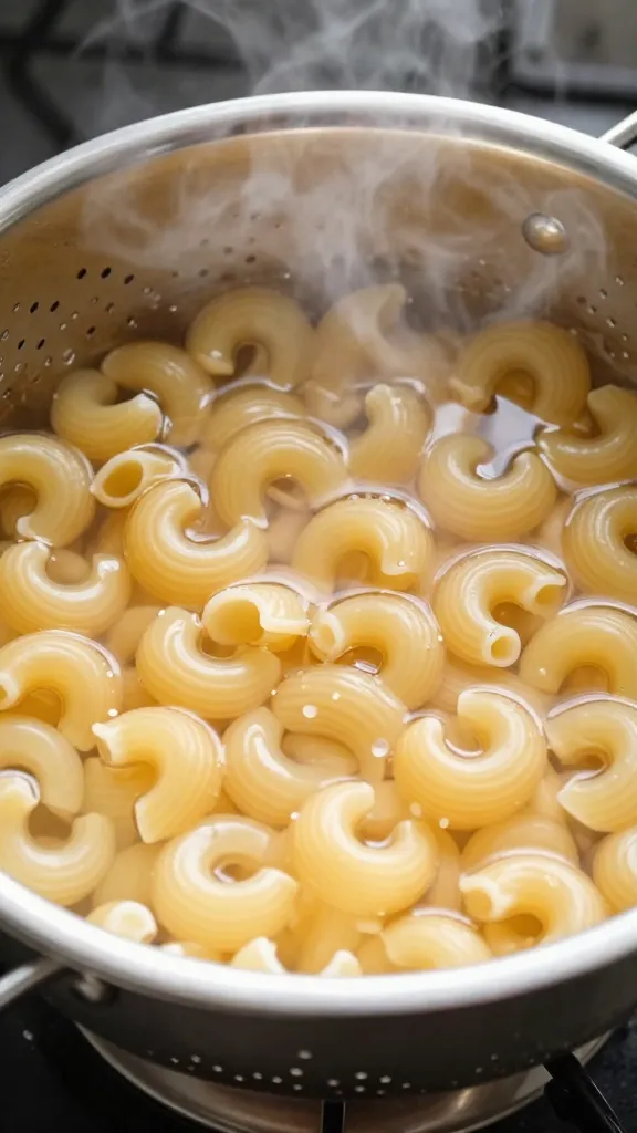undercooked elbow pasta drained in single colander, steam rising