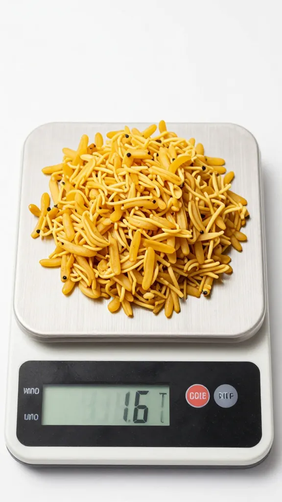 digital kitchen scale displaying 6 ounces of cooked mac