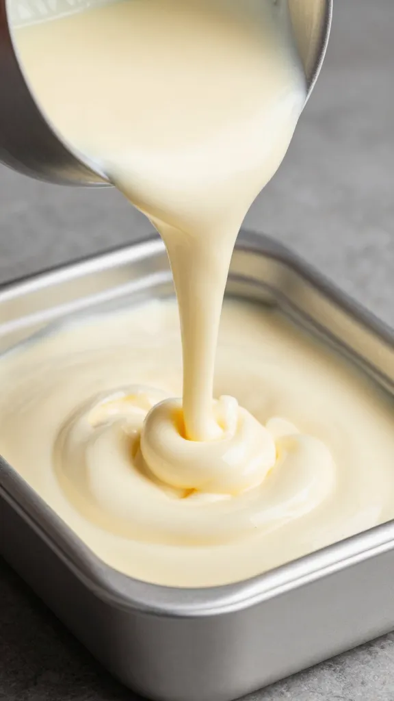 creamy cheese sauce pouring into one catering pan