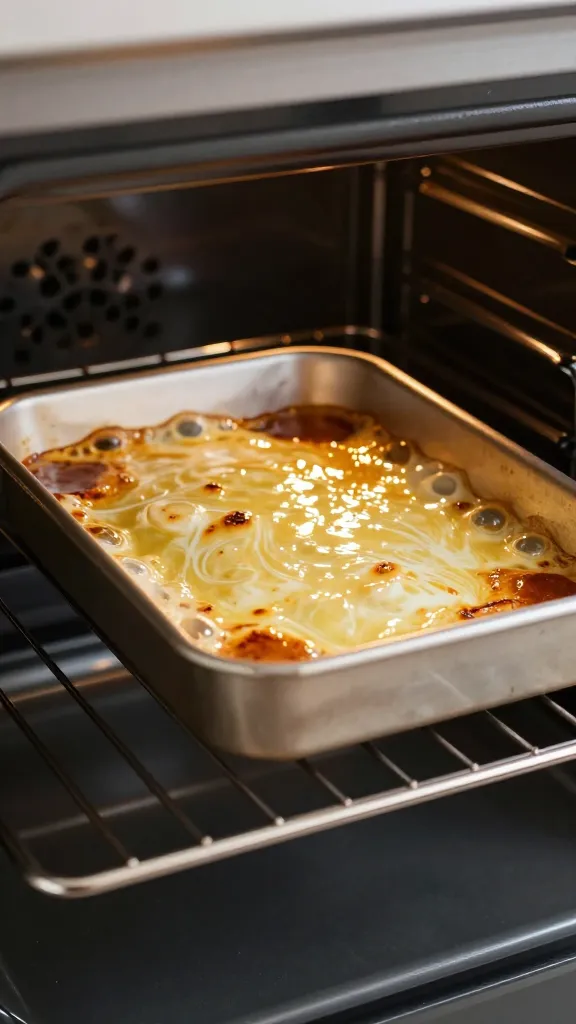 oven rack with one hotel pan mid-bake, bubbling edges