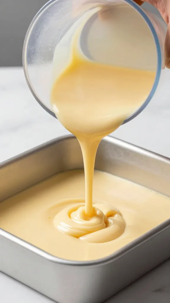 measuring cup pouring batter into 9x13 pan