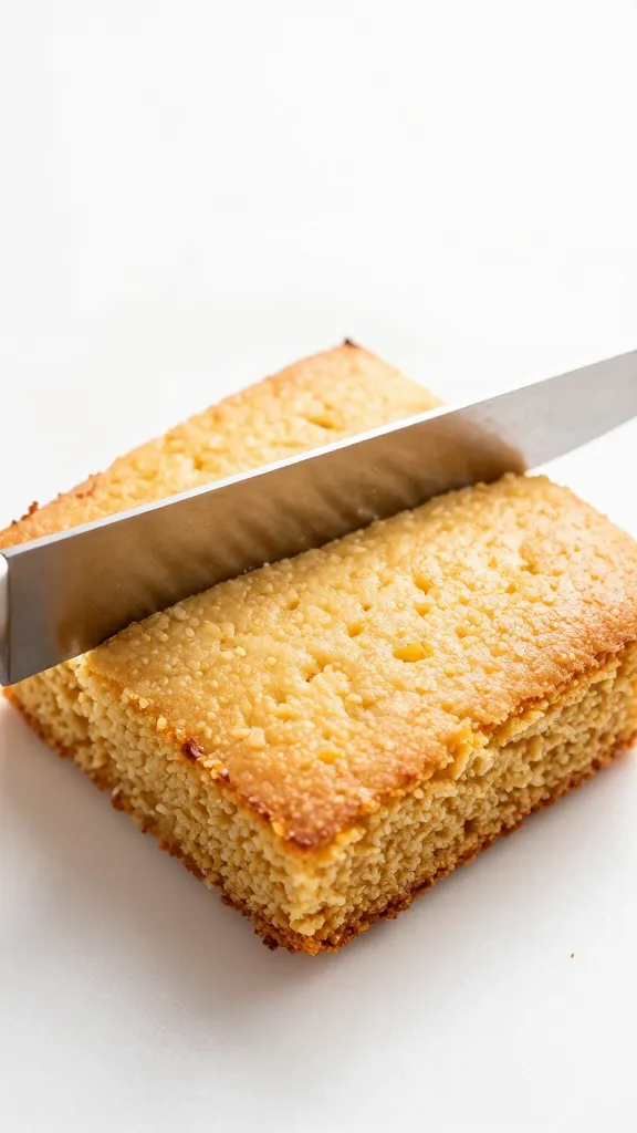 serrated knife cutting 2x2 cornbread square
