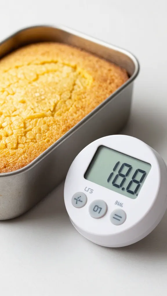 digital kitchen timer beside warm cornbread pan