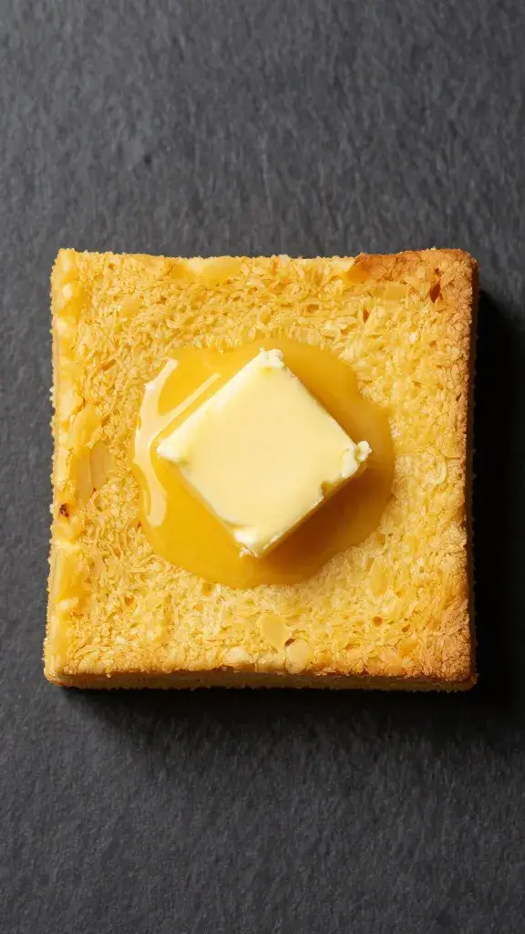 single cornbread square with pat of melting butter