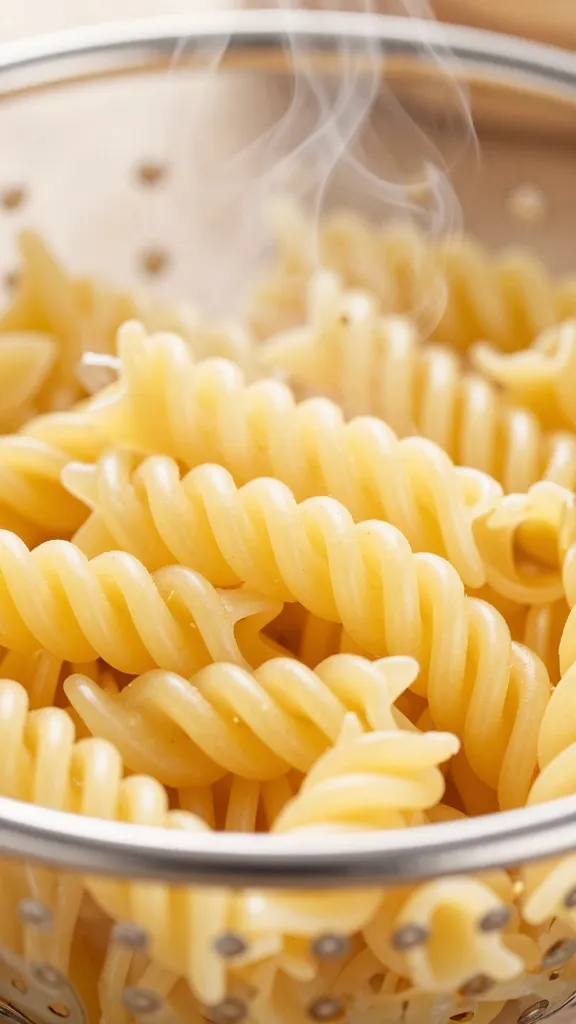 Closeup of al dente rotini in colander, steam rising