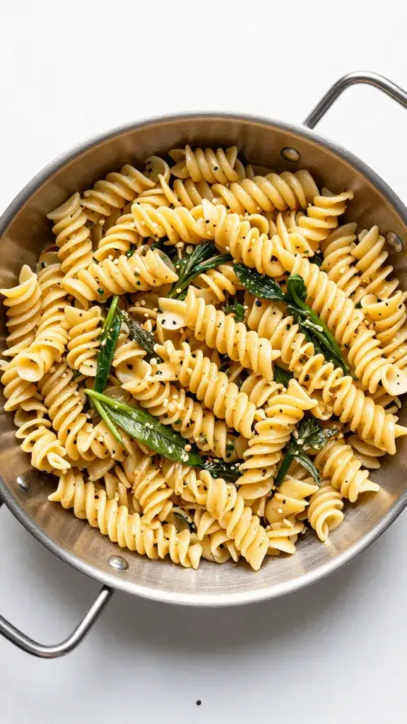 Stainless hotel pan filled with pasta salad, overhead