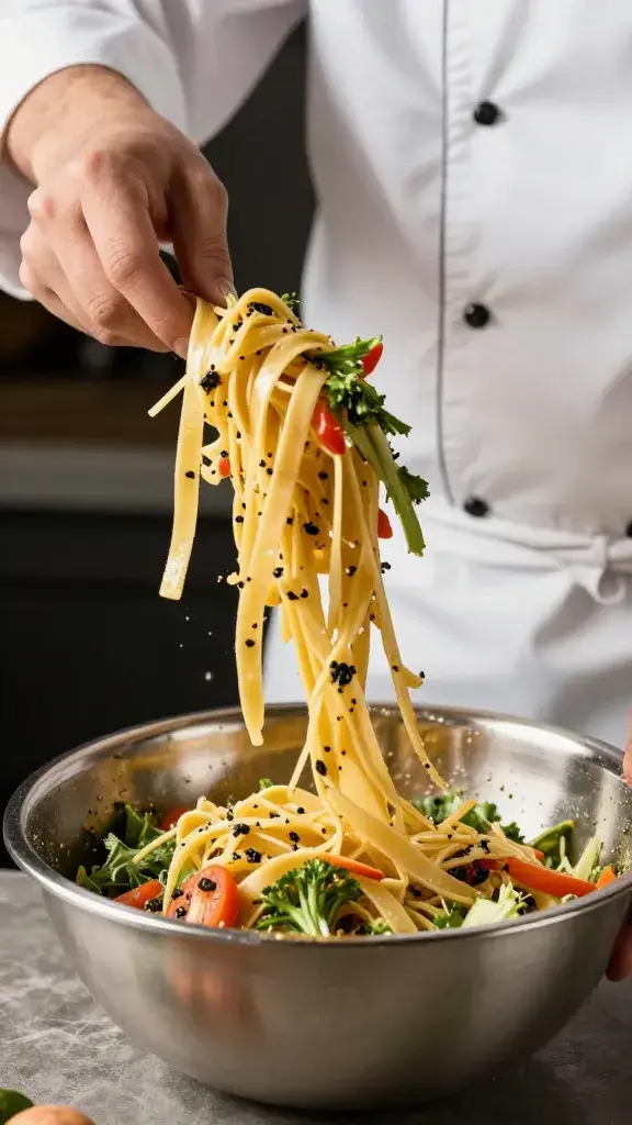 Chef’s hand tossing pasta salad in deep mixing bowl