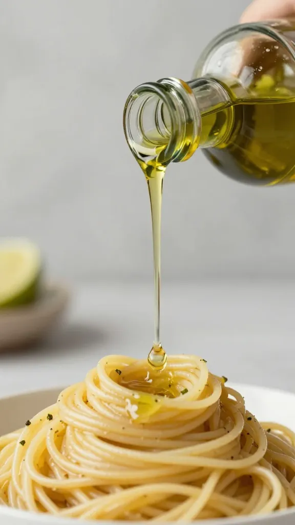 Bottle of olive oil drizzling over cooked pasta
