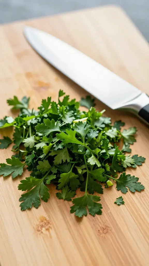Freshly chopped parsley on cutting board, chef’s knife