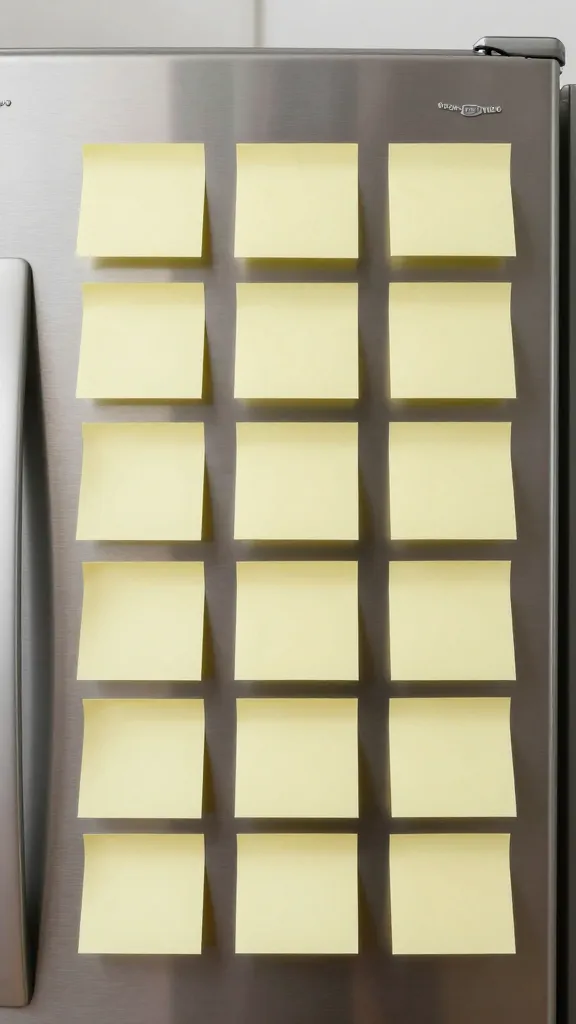 Sticky note prep timeline on stainless fridge door