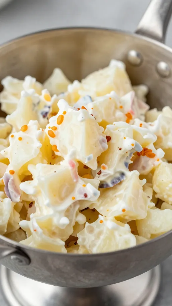closeup of 1-cup scoop potato salad in stainless ladle