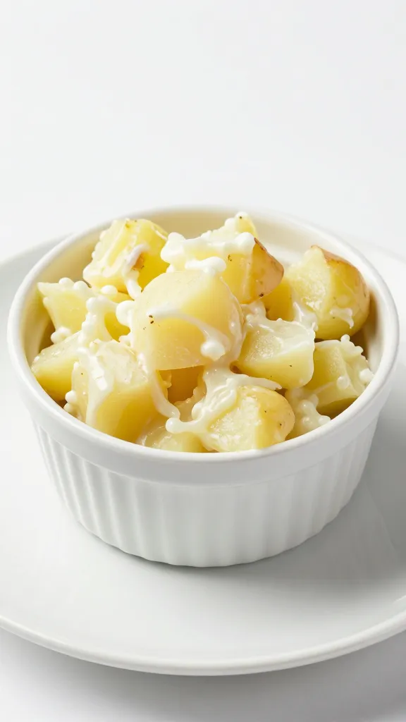 single 8-ounce ramekin of potato salad on white plate