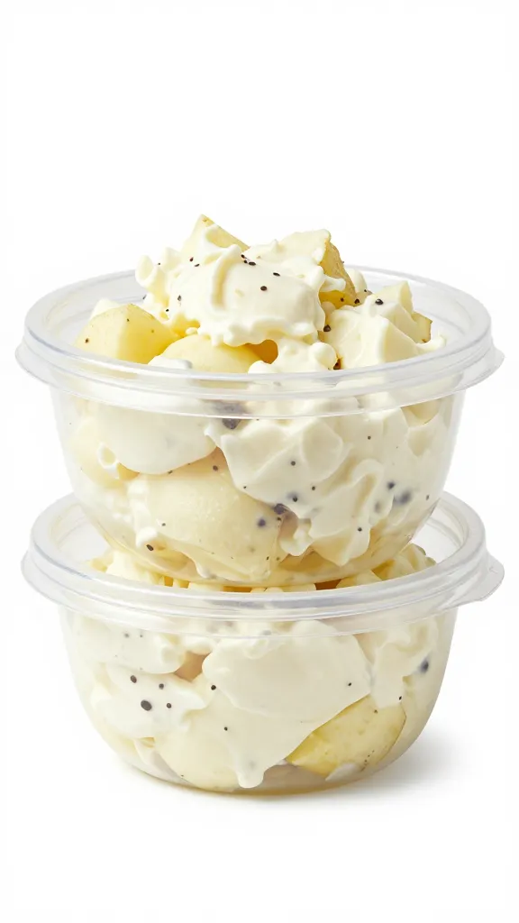 10-ounce deli container filled with potato salad, labeled