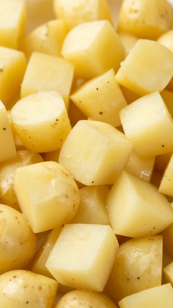 closeup of Yukon Gold potato cubes, perfectly cooked and drained