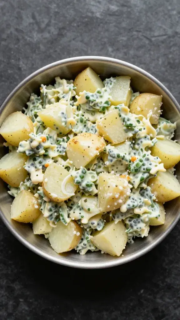 single hotel pan quarter-full of potato salad, overhead